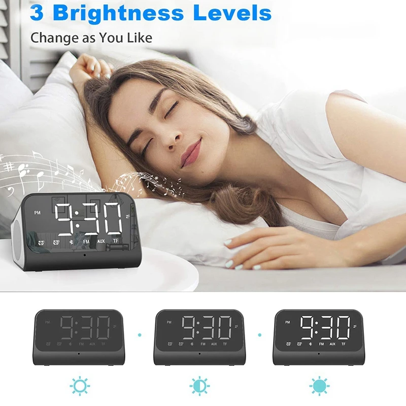 

Digital LED Display Alarm Clock Radio with Bluetooth Speaker, Portable Clock for Bedroom and Office, Adjustable Volume