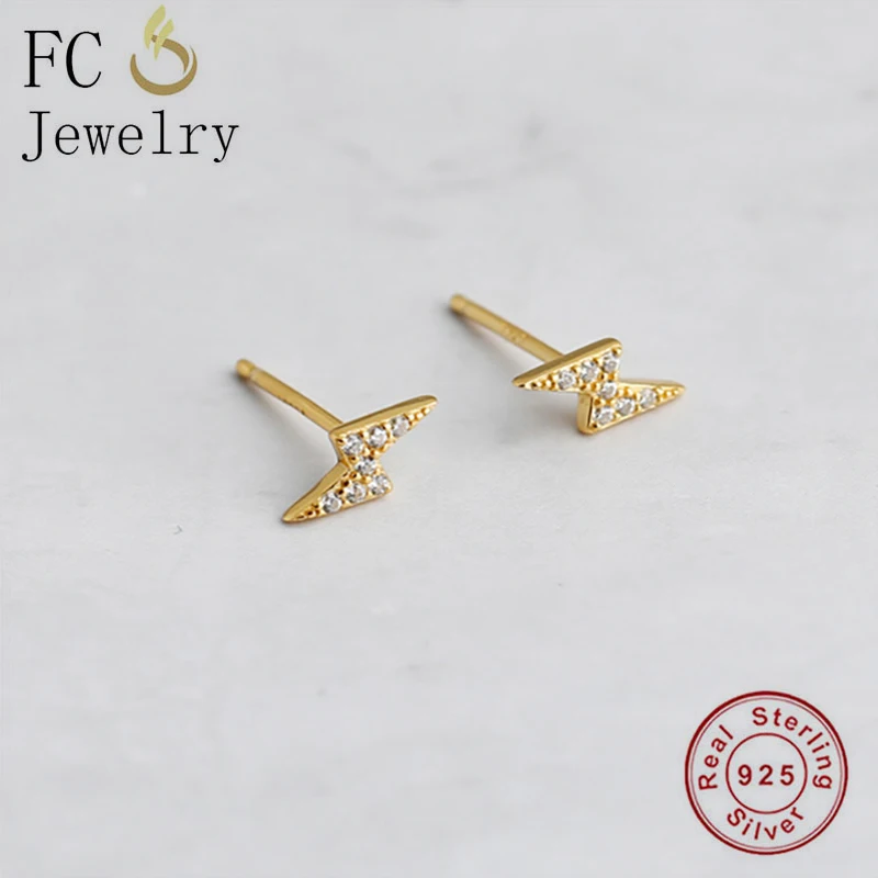 

FC Jewelry 925 Silver Small Gold Color Lightning Pot Zirconia Stud Earring Ear Oorbellen Accessories For Women Kid Hawaii 2020