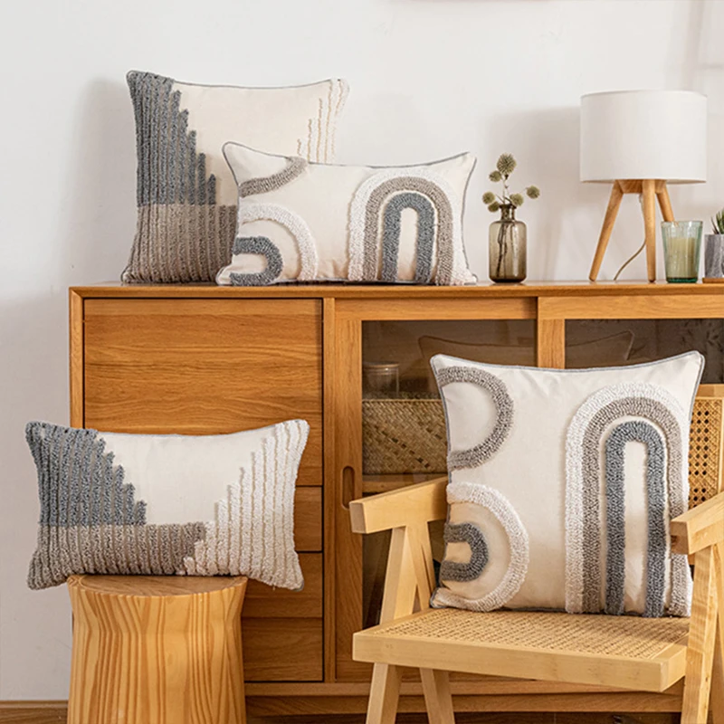 

Patchwork Cotton Canvas Tufted Embroidery Throw Cushion Cover Pillowcover Living Room Decoration Pillowcase 40728