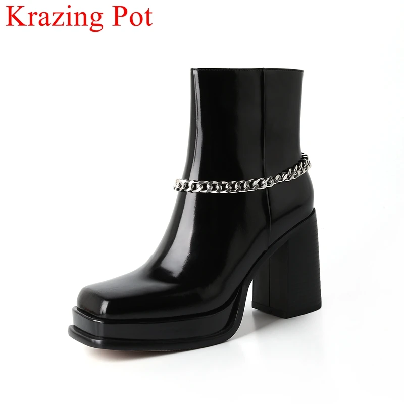 

Krazing Pot 2022 cow leather zipper square toe motorcycles boots high heels winter shoes brand chain dress nightclub ankle boots