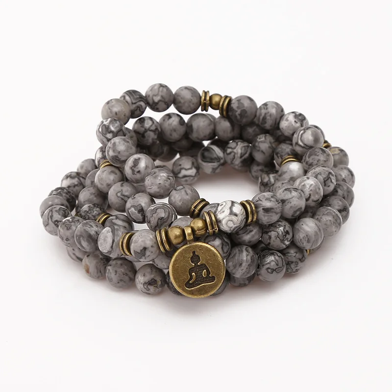 

GVUSMIL 108 Beaded Natural Stones Mala Buddha Lotus Tree Chakra Yoga Couple Charmed Stretchy Strand Bracelets
