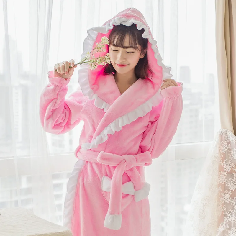 

Lovely Thickened Flannel Robe Autumn and WinterWomen Lace Bathrobe Lotus Leaf Bathrobe Housewear Pajamas cotton bathrobe