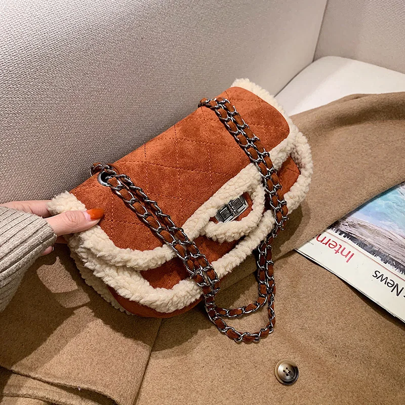 

Plush Design Bag High Quality Women's Scrub Leather Chain Shoulder Bag Winter Fashion Luxury Handbag Shoulder Crossbody Purses