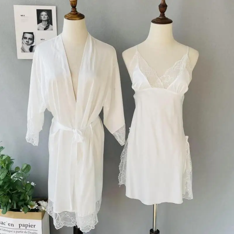 

White Rayon Wedding Robe Set Kimono Bathrobe Gown Sexy Patchwork Lace Suspender Nightdress Sleepwear Spring Summer Home Dress