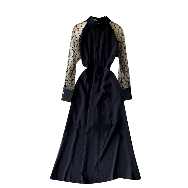 

Elegant Fashion Long Dress Women Splice Mesh Dot Puff Sleeve O Neck A-line Dresses Autumn Sexy Split Streetwear Dress
