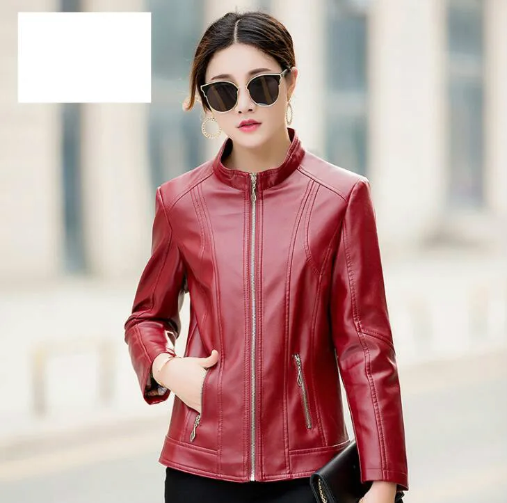Женская Короткая кожаная куртка винно красная из искусственной кожи с длинным