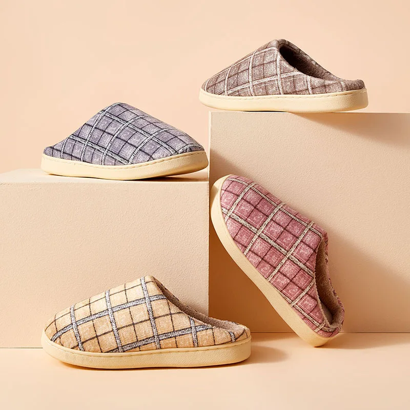 Winter Women House Slippers Casual Plaid Pattern Cotton Plush Shoes Women Warm Non-Slip Comfortable Indoors Flats Women Footwear