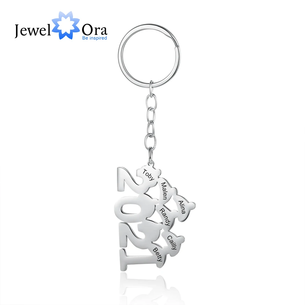 

JewelOra Personalized 3-8 Names Engraved Keychains for Ladies Stainless Steel Christmas Hat Custom Keyring 2021 New Year Gifts