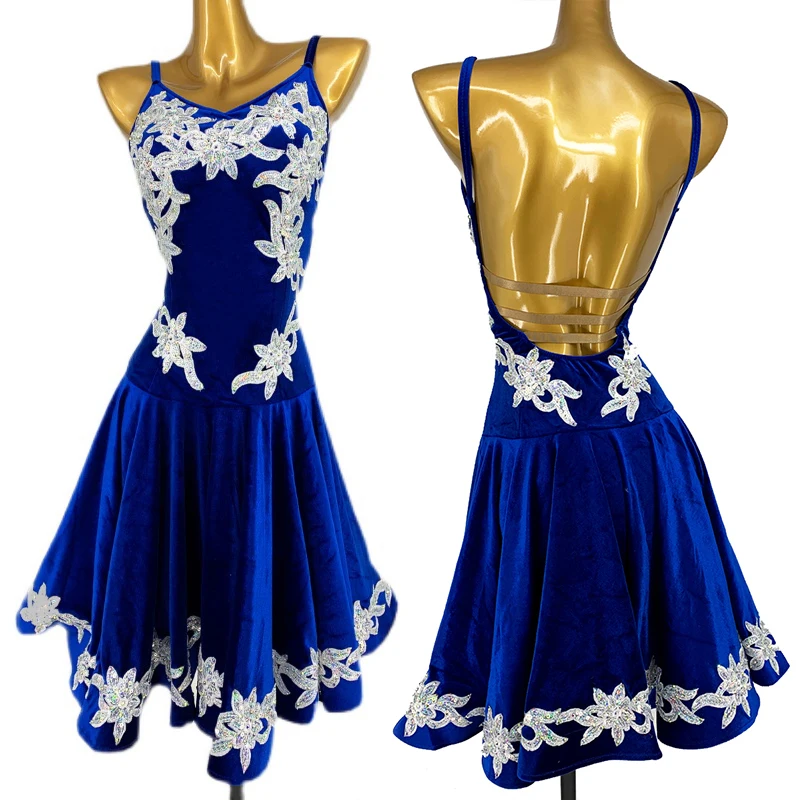 

Latin Dance Blue Velvet Dress Adult Performance Clothing Girls Latin Practice Wear Embroidery Ballroom Dancing Costumes BL6594