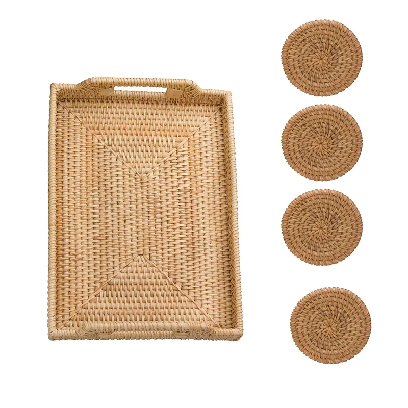 

Подставка из ротанга, прямоугольный поднос из ротанга, корзина из ротанга с ручками, декоративный поднос для журнального столика