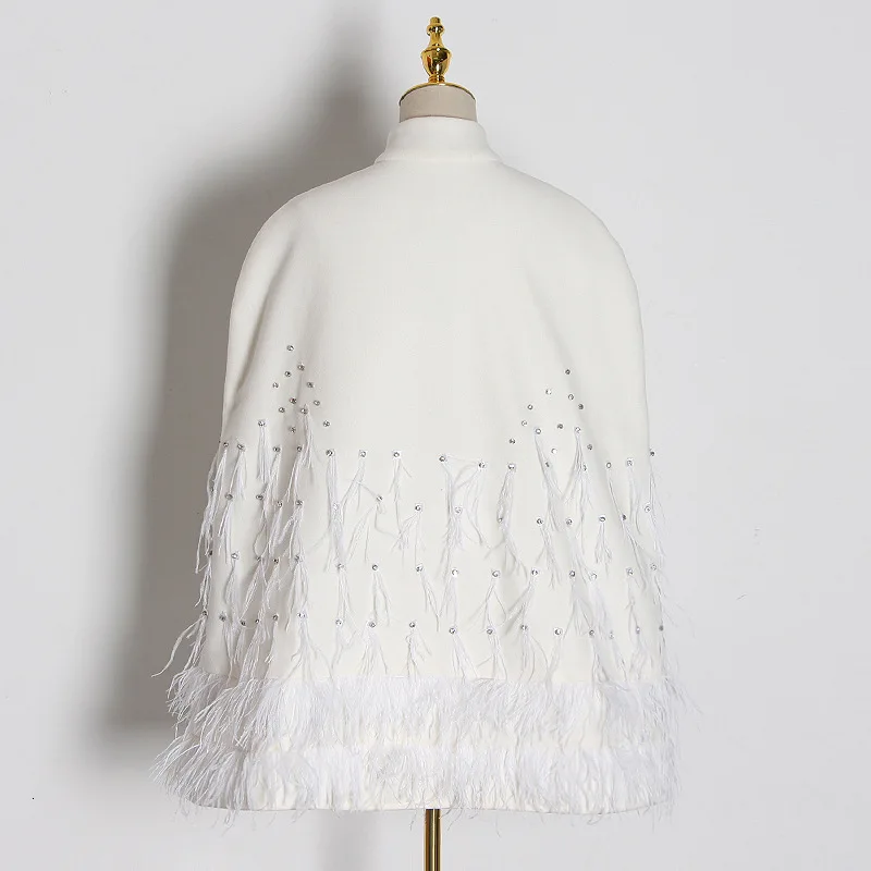 

2021 Wool Coat Autumn New Ladies Elegant Feather Tassel Nail Drill Waistband Cloak Coat Plus Size Cashmere Coat