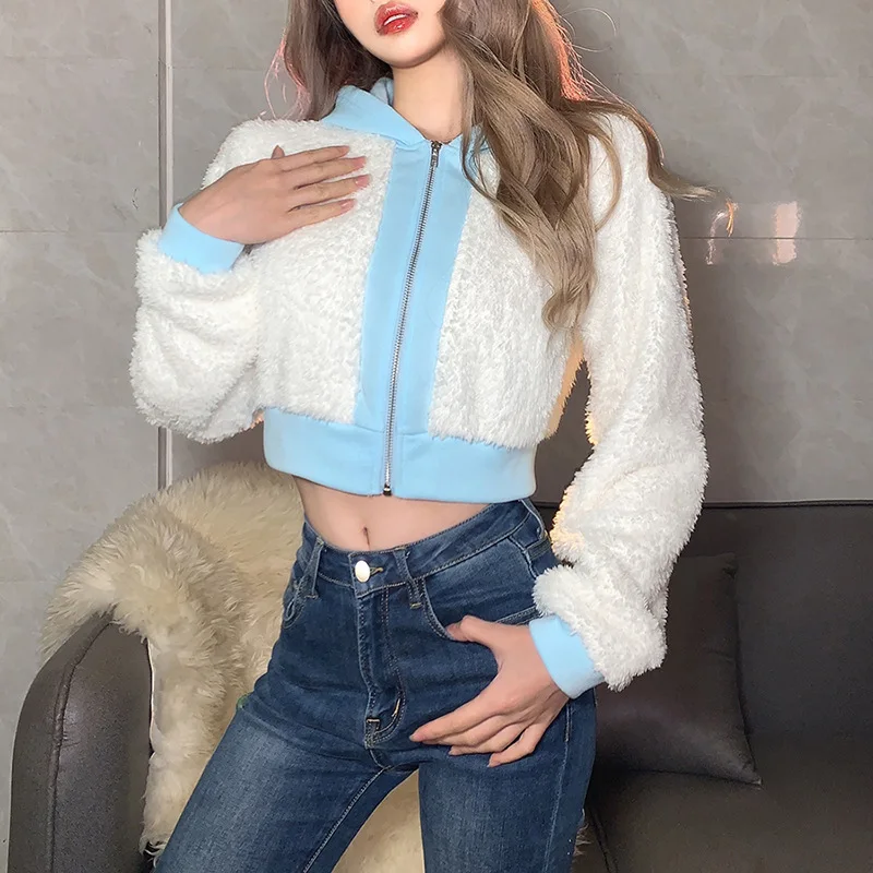 

Autumn and Winter New Women's Fashion Hat Collar Long Sleeve Fleece Short Cardigan Jacket Women