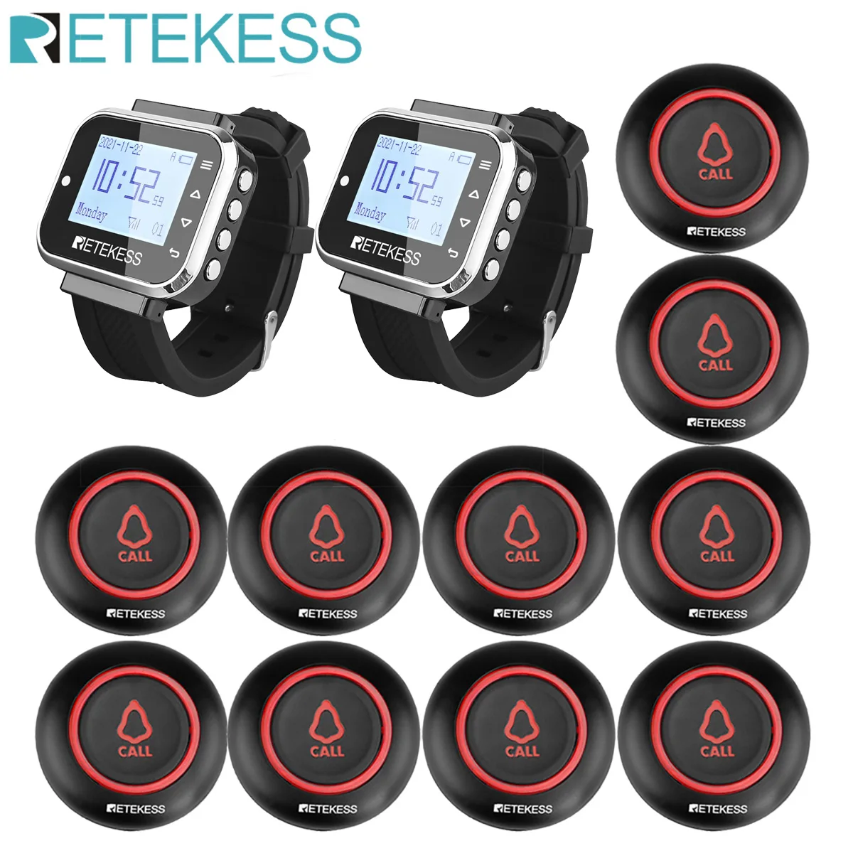 

Retekess ресторан пейджер Беспроводная система вызова 7 языков 2 TD110 часы приемник + 10 TD019 кнопка для кальяна Бар кофе