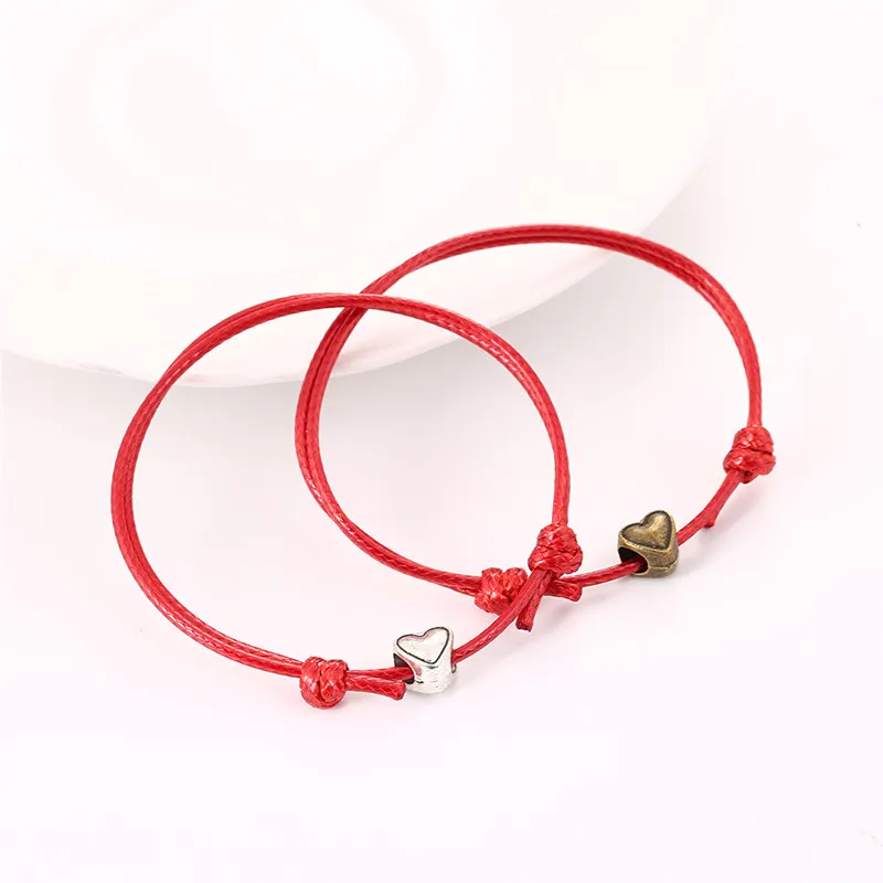 red 2 шт./компл. браслеты для влюбленных черный, белый цвет Кофе красная веревка Парные браслеты из бронзы и древнее серебро сердце Браслеты подарки для Для женщин - Окраска металла: red