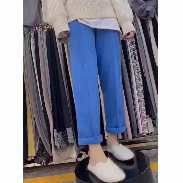 

2021 Autumn Winter Fashion Elastic Waist Straight Pants Female Loose Casual Trousers Ladies Solid Color Warm Knitted Pants U527