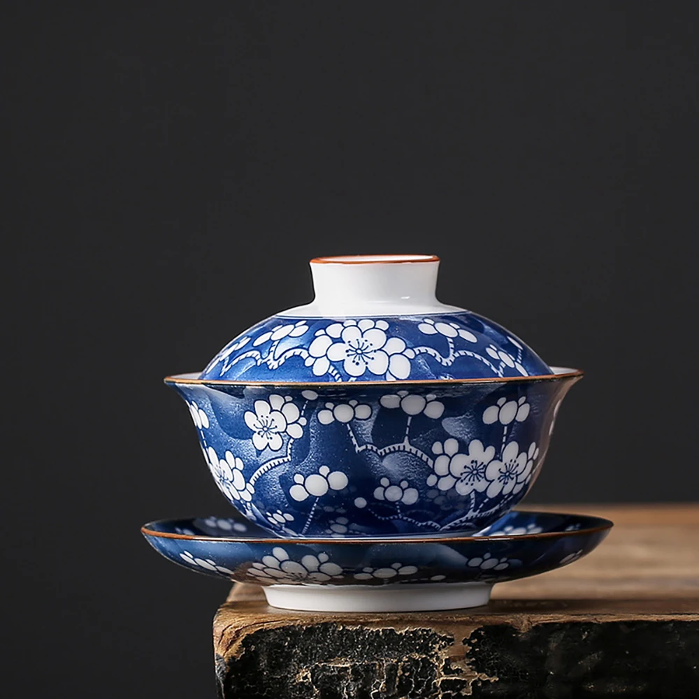 

ANDREWLEE 190ml Antique Kung Fu Tea Bowl Blue and White Porcelain Gaiwan Gift Tea Set Traditional Chinese Home Use Tea Cup