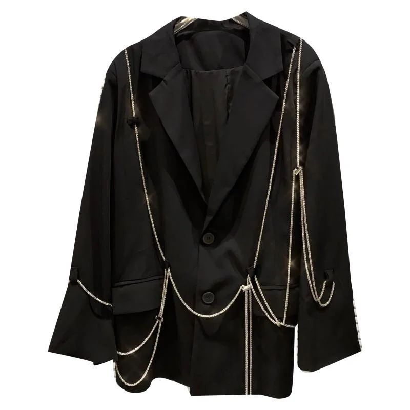 

Women Metal Chain Personality Big Size Blazer New Arrivals Long Sleeve Fashion Temperament Spring Autumn 2021 Z992