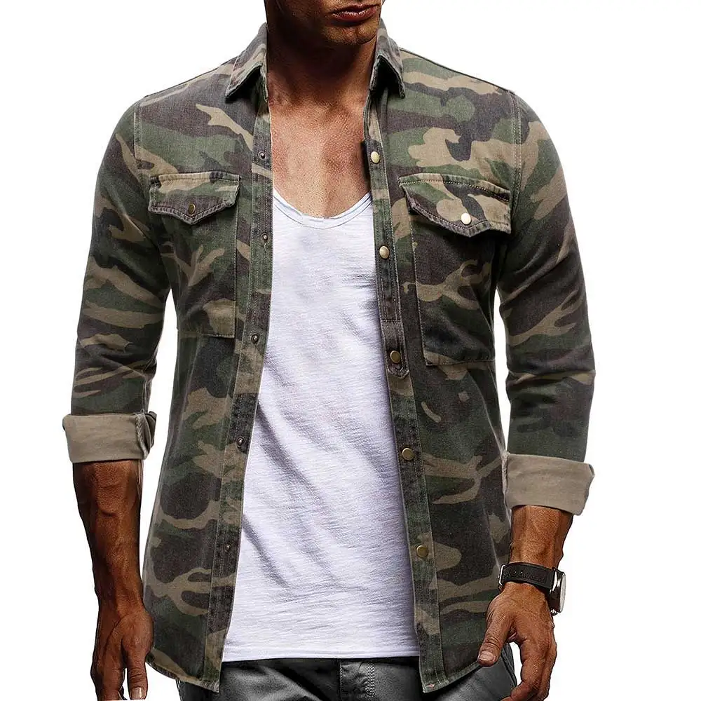

2021 Spring Autumn Camouflage Casual Shirt Long-Sleeved Denim Shirt For Man Army Green Men's Blouse