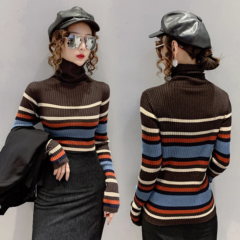 

Turtleneck Striped Knitted Women Sweater Pullovers Slim Elastic Long-Sleeved Lady Elegant Pulls Outwear Tops