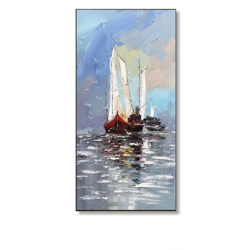 

Hand Painted Oil Painting Canvas Art Abstract Simple Sailboat Corridor Aisle Living Room Wall Decor Frameless