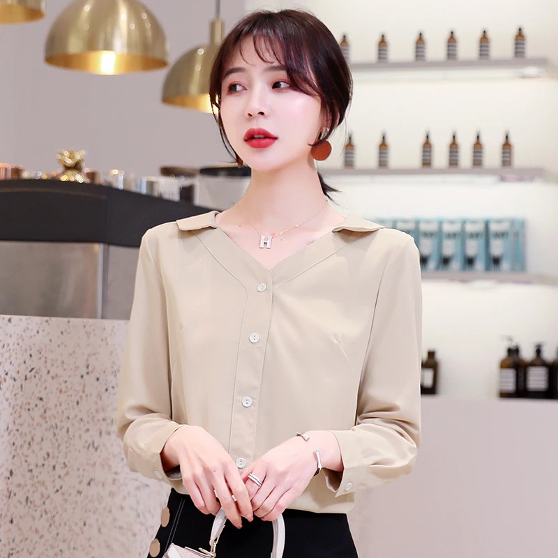 Green Apricot Long Sleeve Chiffon Women Shirts Autumn Spring Elegant Korean Casual Office Lady Blouse Female Tops Fall Plus Size
