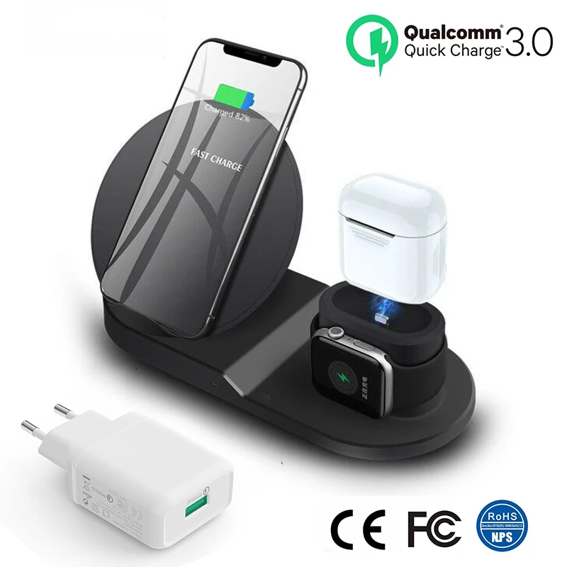 Eu Plug QC3.0 Яркие 3 в 1 Беспроводной телефон Зарядное устройство настольная подставка быстрой зарядки док-станция для AirPods pro Apple Watch 4/3/2/1 iPhone X 8 XS 11 - Цвет: Eu Plug QC3.0