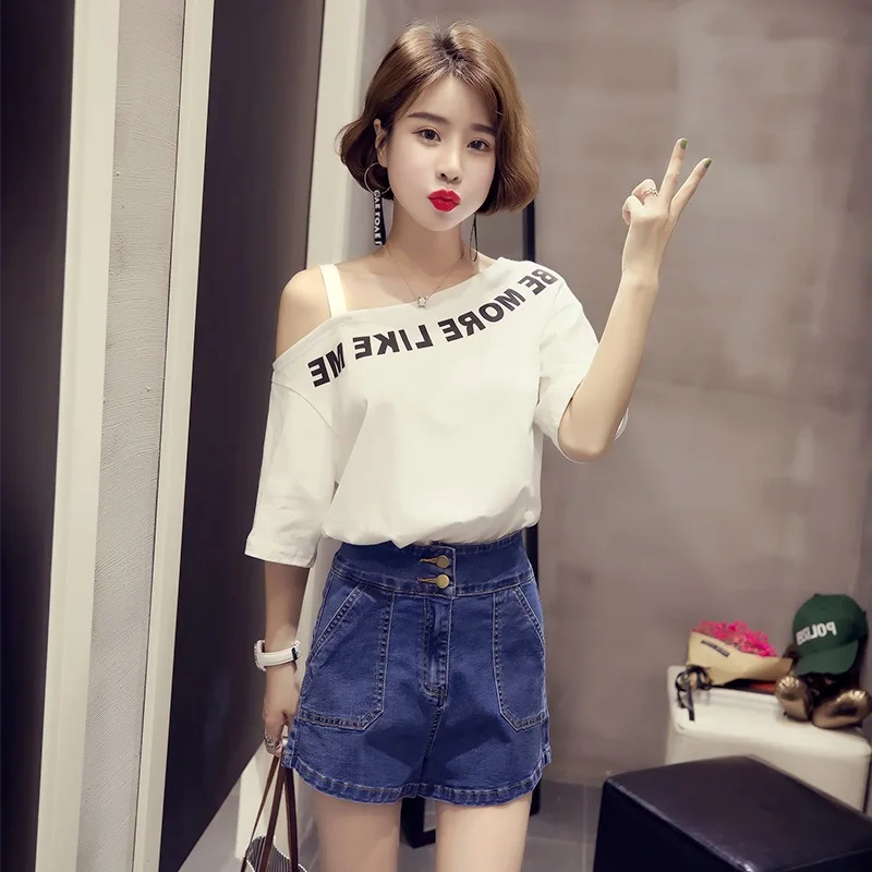 

2020 New Summer Style Korean Original Night Style Bf Letter Short Sleeve T-shirt Women's Loose Set Half Sleeve Off Shoulder Top