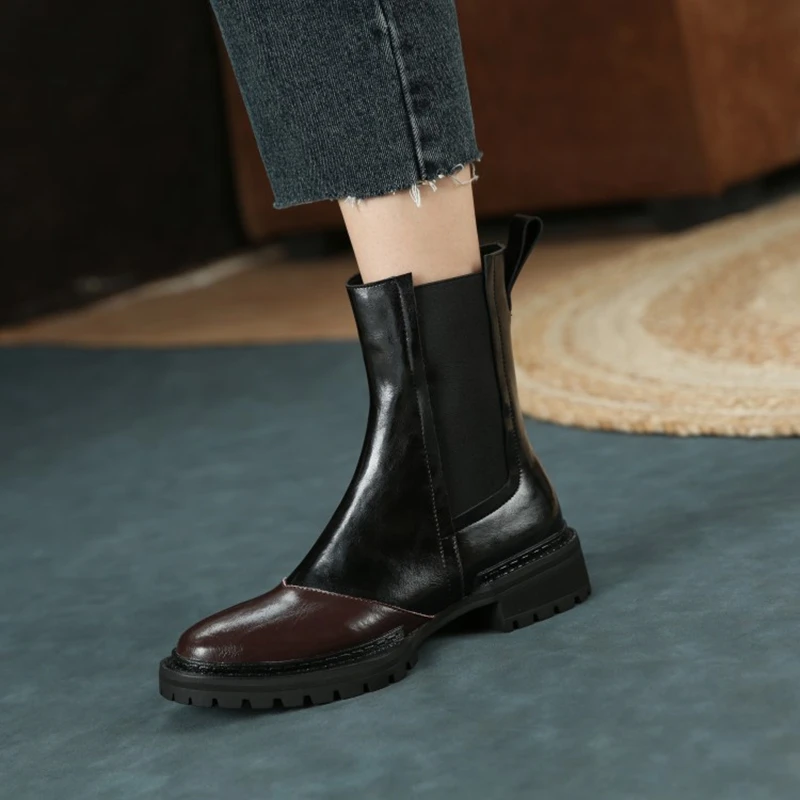 

Женские ботинки из натуральной кожи, с круглым носком, на массивной подошве, разноцветные, до середины икры, для осени и зимы, 2021