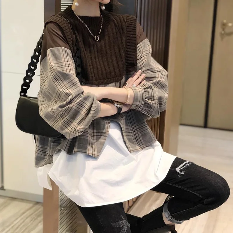 

Asymmetrical Long Lantern Sleeve Patchwork Minimalist Patchwork Knit Plaid Pullover Loose Fake Two Piece Set Sweatshirt