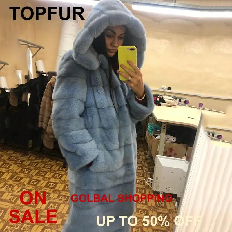 TOPFUR пальто с натуральным мехом, Для женщин роскошный мех норки теплая длинная куртка C мехом небесно-голубой цвет; модные меховые Капор из норки зимнее длинное пальто с капюшоном