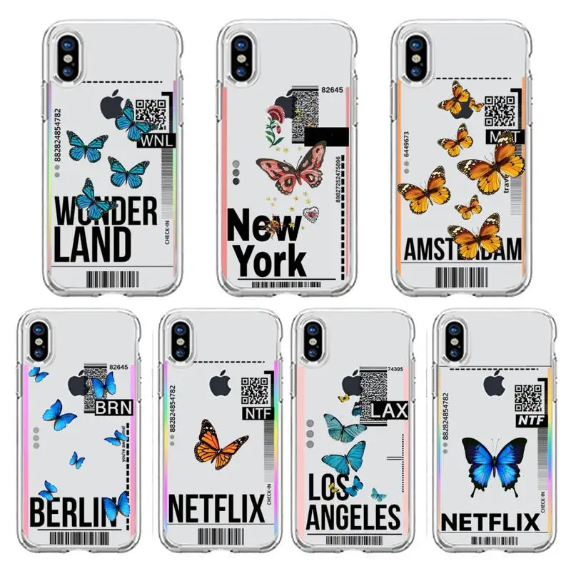 

World Country Label Air Tickets butterfly Phone Case Transparent soft For iphone 13 12 11 8 7 plus mini x xs xr pro max