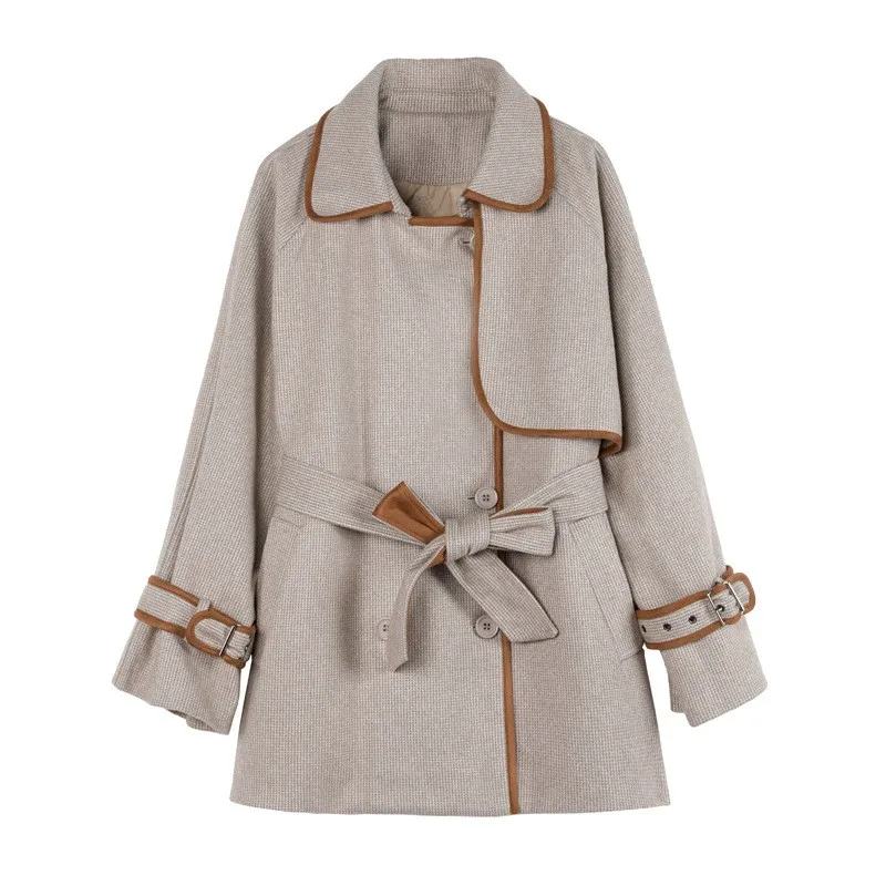 

Retro Women Wool Blends Trench High Street Loose Single Breasted Plaid Short Overcoat 2021 Autumn Winter Female Sashes Wool Coat
