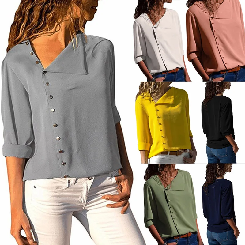 

Nice Pop Women Long Sleeves Shirts Irregular Skew Collar Loose Slim Fit Blouse For Summer Pop 88