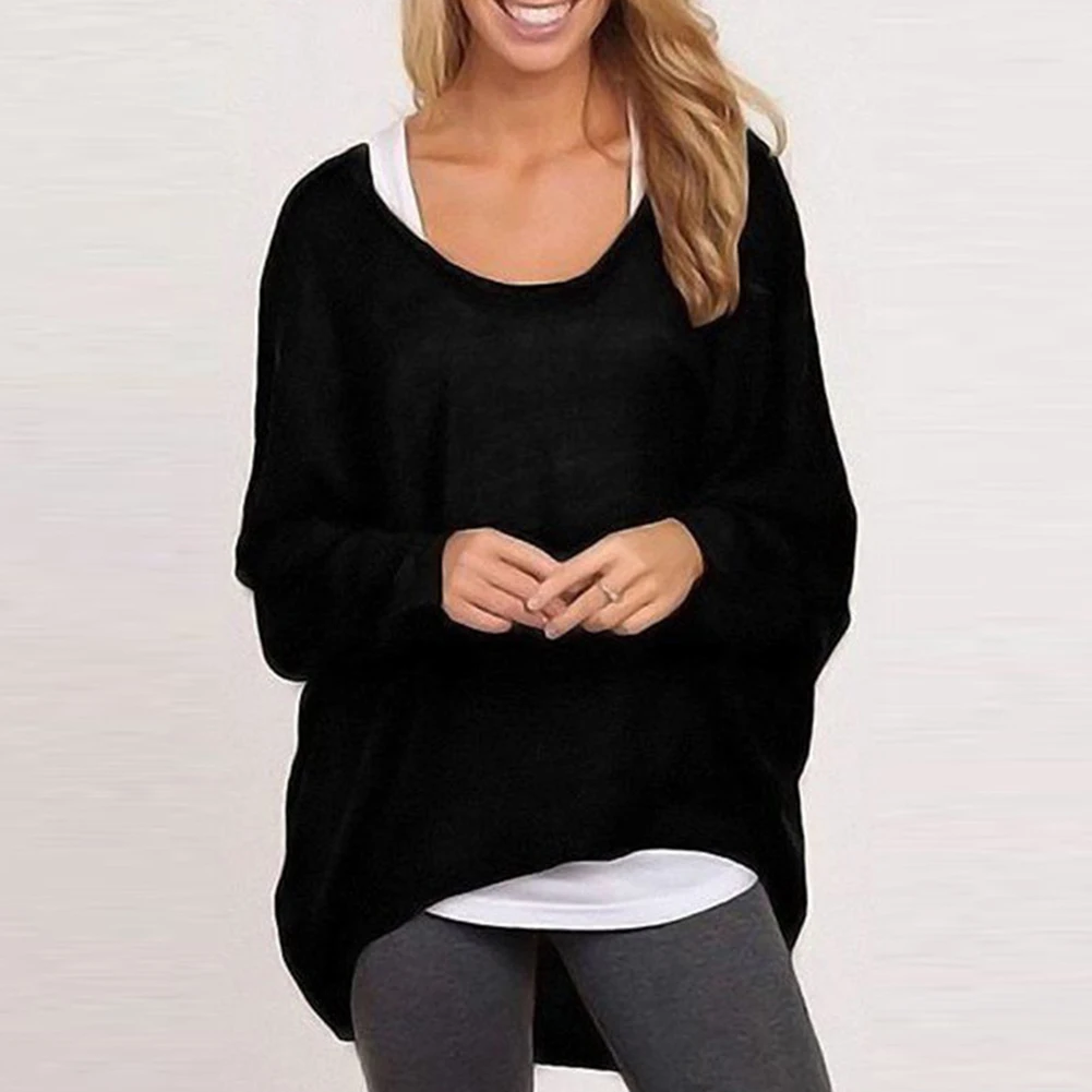 

Fashion Women Round Neck Long Sleeve Solid Color Loose Pullover Blouse Top