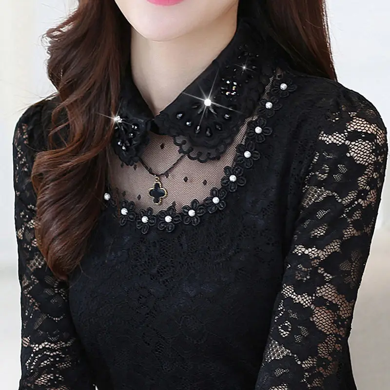 2020 Spring Autumn Women Hollow Out Long Sleeve Lace Bottoming Shirt Blouse Female Stitching Lace Tops Plus Size 4XL