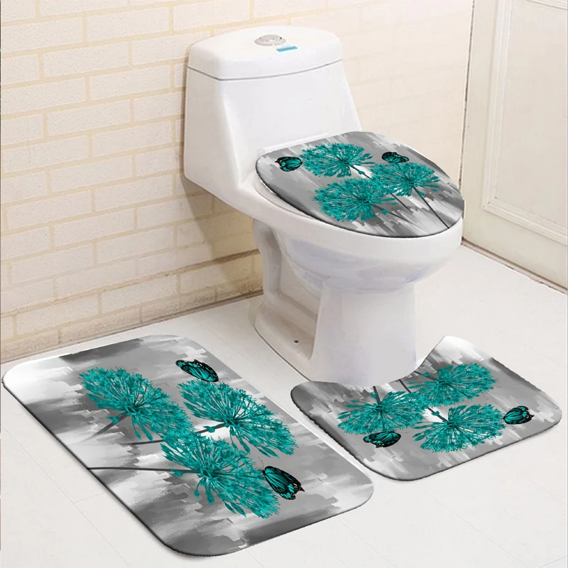 

Waterproof Bathroom Shower Curtain Flower Toilet Cover Non-Slip Bath Mat Rug Carpet Set Polyester Fabric Washable Home Decor