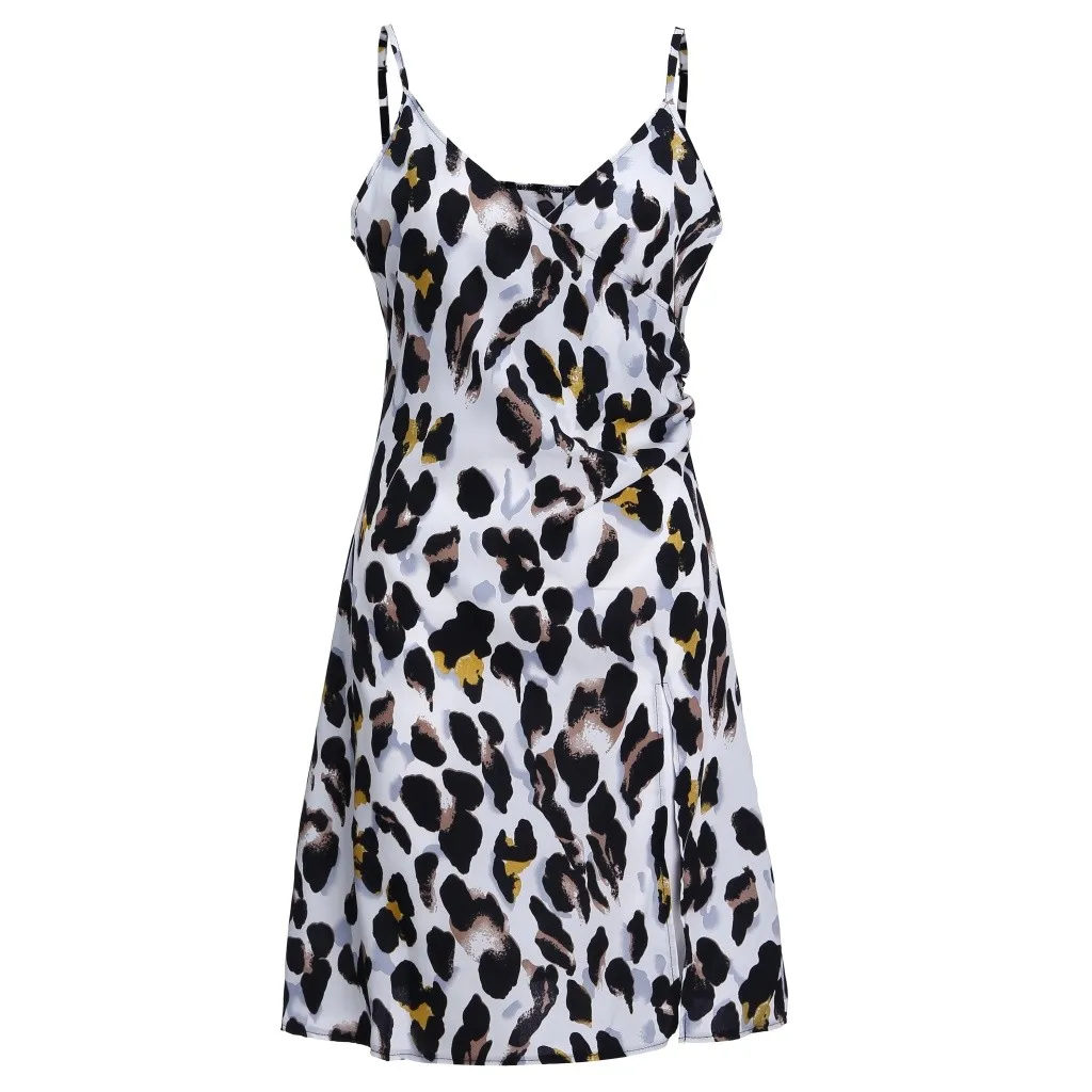 

2021 Womens Leopard Print Summer Dress Strappy Knee-length Dress Ladies V-neck Holiday Dresses Woman Party Night Summer Dresses