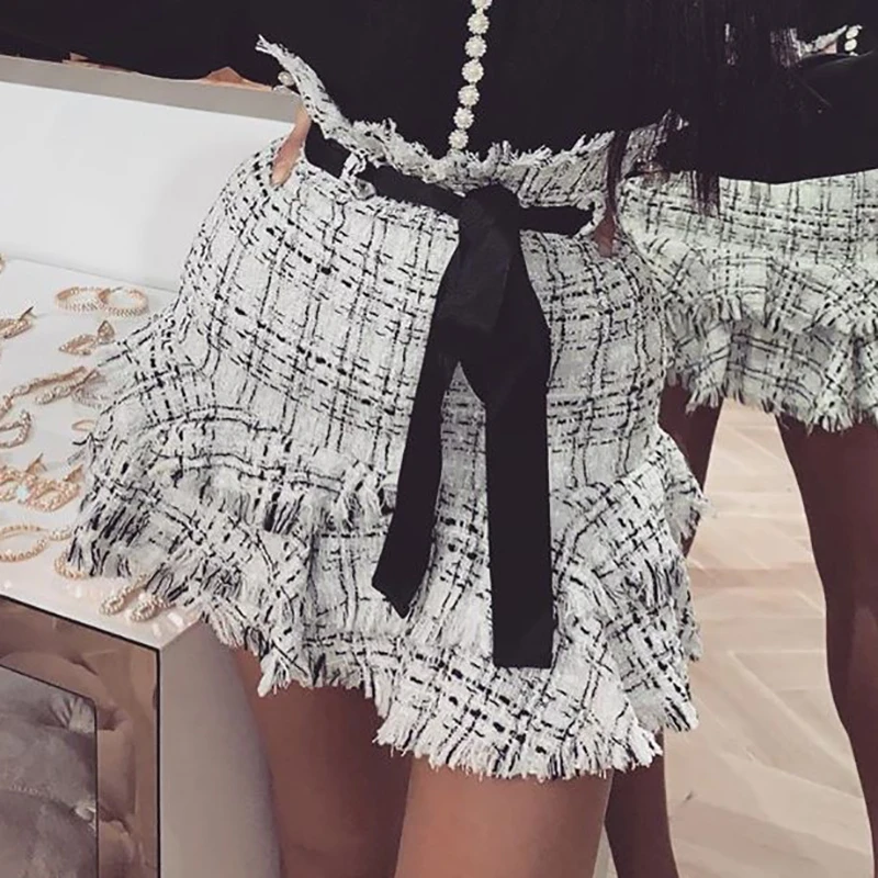 Jyconline Твид Осень юбка с завышенной талией для девочек culottes женские