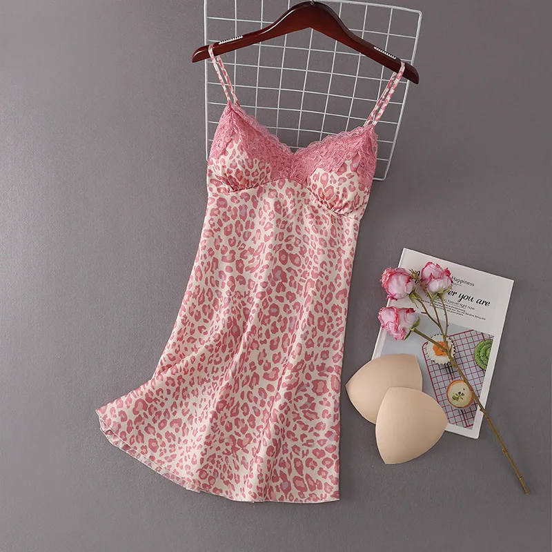 Женская сексуальная ночная рубашка с леопардовым принтом из шелкового атласа