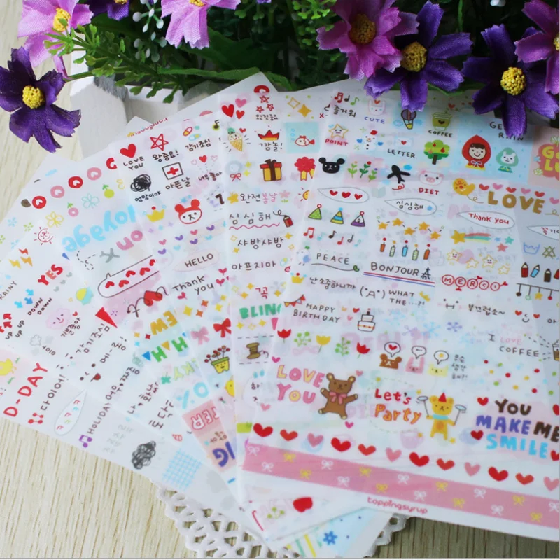 

6 Sheets Handbook Stickers Korean Stationery Transparent PVC Decorative Diary Stickers Simple Painting Life Pink Cute Stickers