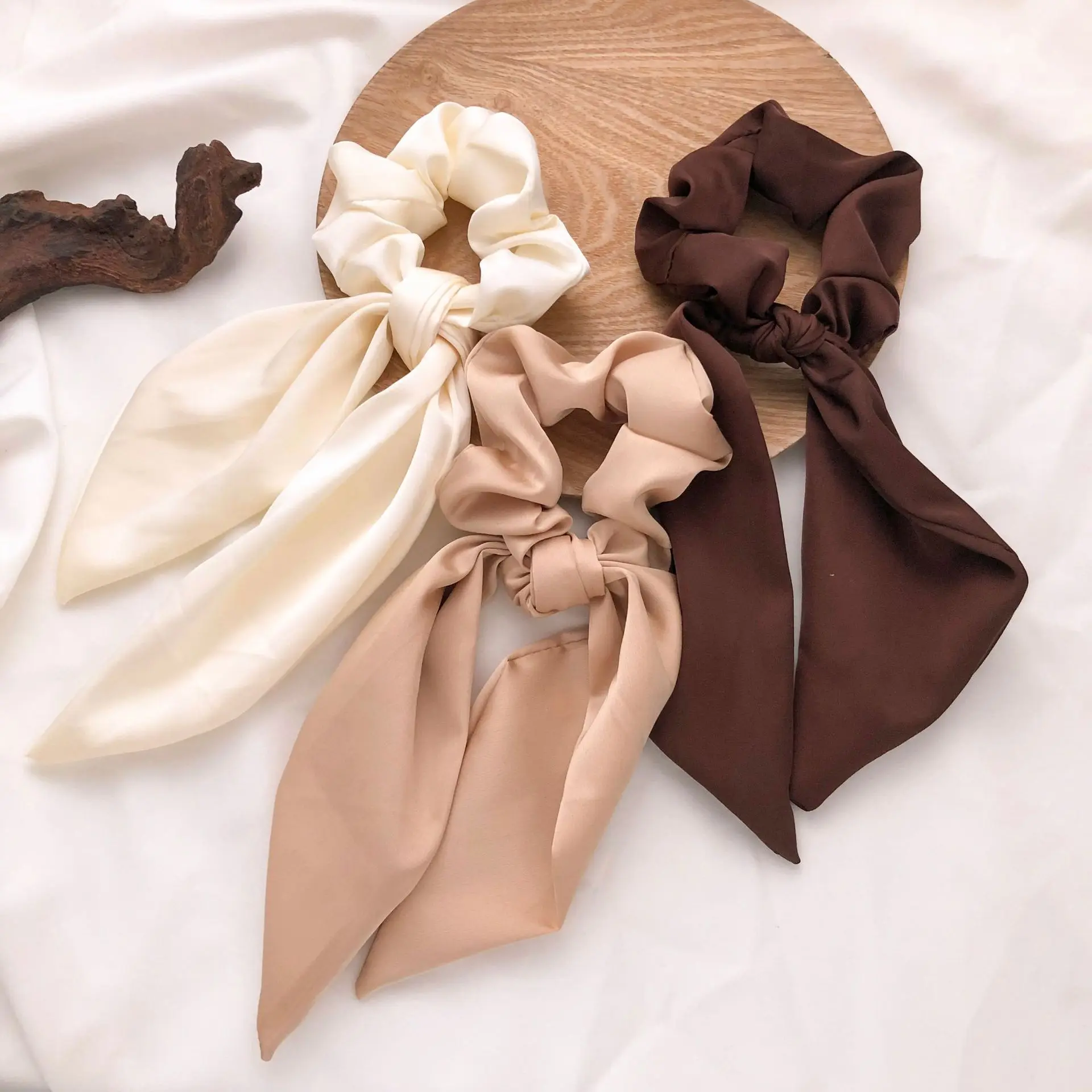 

Women Elegant Knotted Ribbon Satin Knot Scrunchie Hair Band Solid Color Silky Ponytail Holder Headband Fashion Hair Accessories