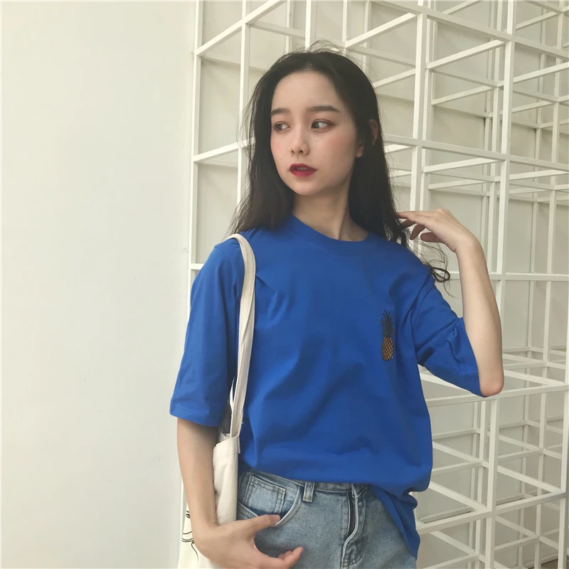 

Hzirip New Summer Pineapple Embroidery Femme Cotton 2021 Chic Students Loose High Quality Short Sleeves Casual Clothe T-Shirts