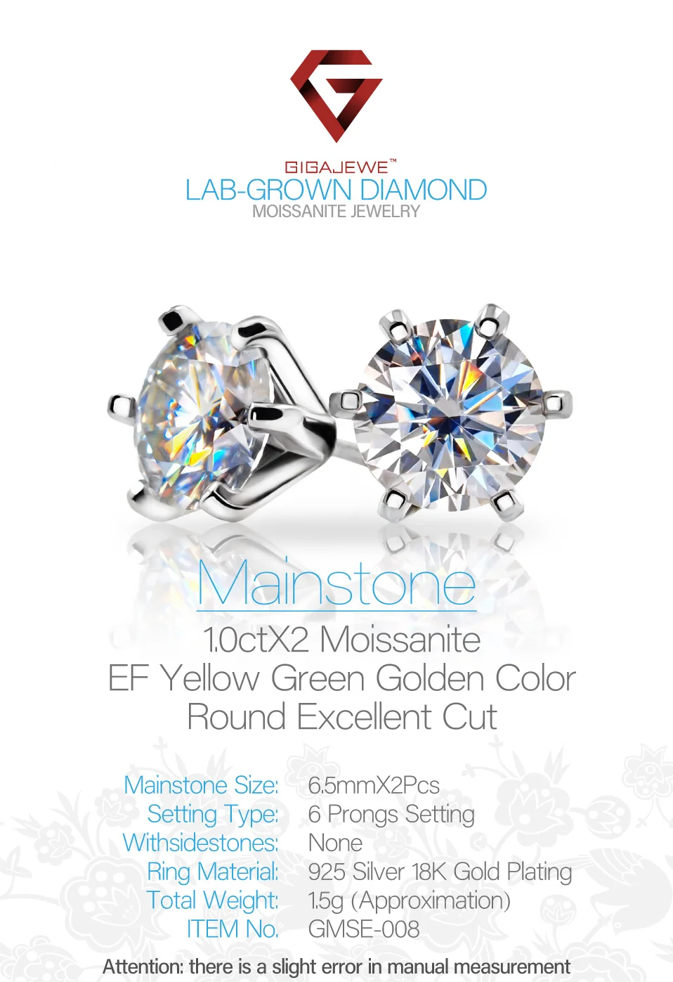 GIGAJEWE EF VVS1 круглая огранка всего 2.0ct алмаз тест прошел Муассанит 18 к позолоченные 925 серьги серебристого цвета; бижутерия подарок девушке
