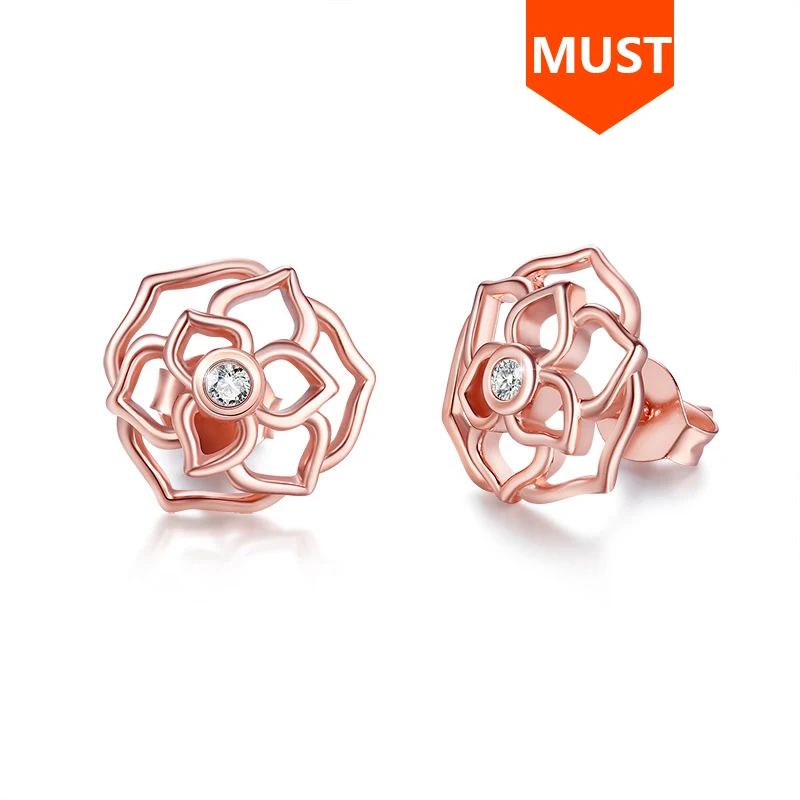 SG 925 sterling silver rose flower stud earrings with white Zircon Hollow earring for women wedding party fashion Jewelry