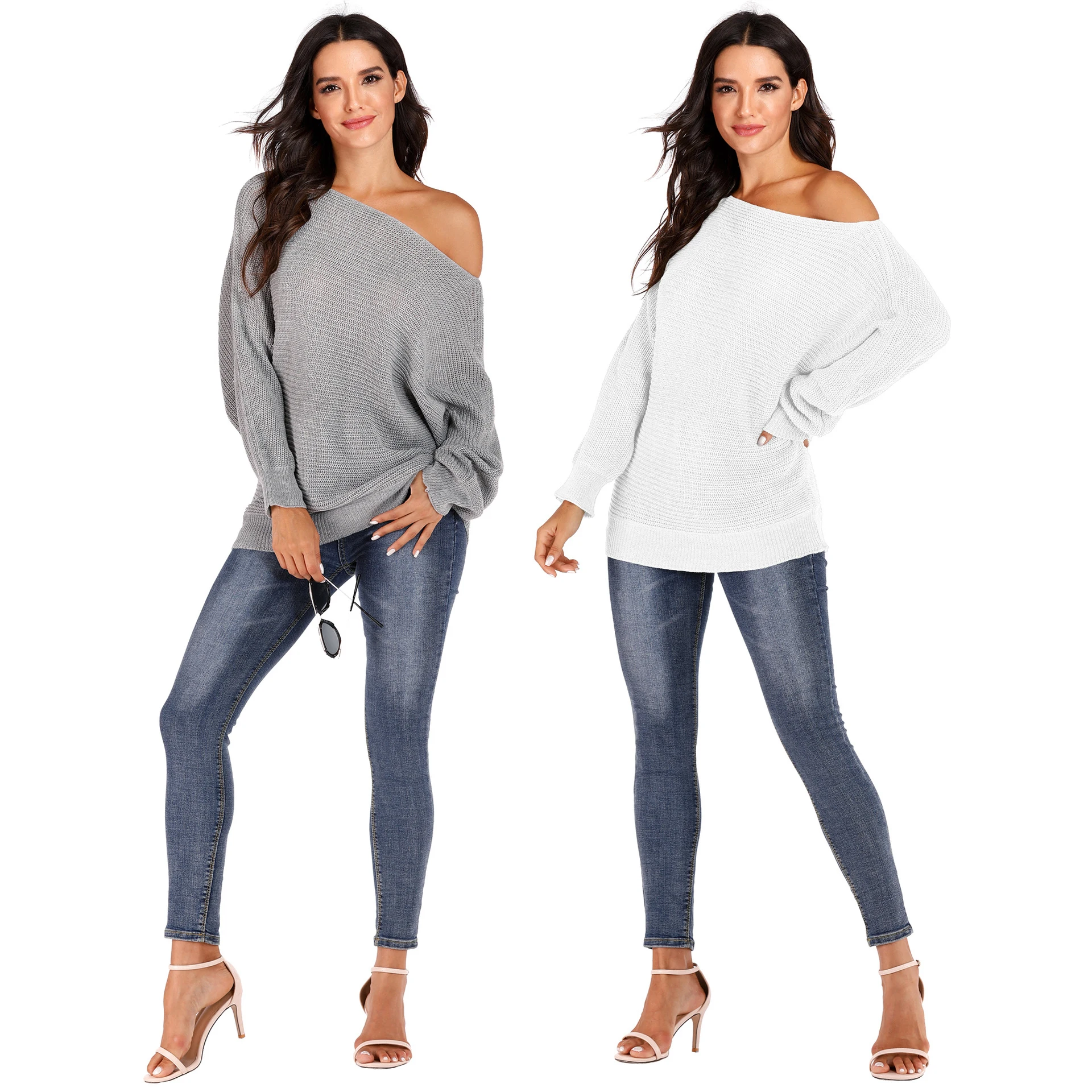 Женский вязаный пуловер PGSD однотонный с рукавами летучая мышь вырезом лодочкой