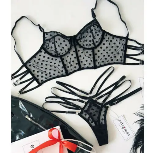 

NEW Vintage Womens Sexy/Sissy Lingerie Lace Polka Dot V neck hollow out Bra Babydoll High waist G-String Underwear Bras Set