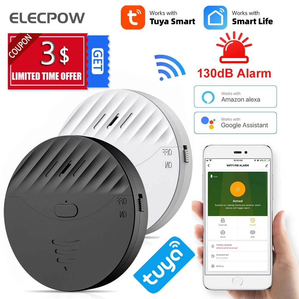 Elecpow Tuya Smart WiFi Дверь тревоги и окна Датчик Vibration Security Alert Работает с Alexa Google Life |