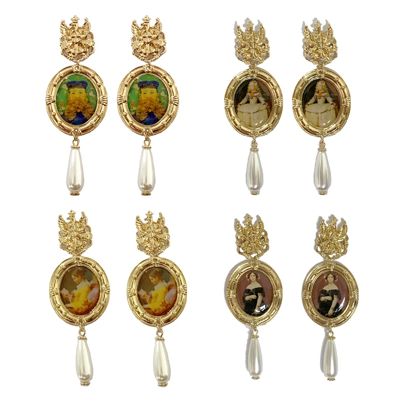 

Famous Europe Painting Vintage Portrait Gold Earrings For Women 2020 Party Accessories Baroque Statement Big Earring Bridal Jewl