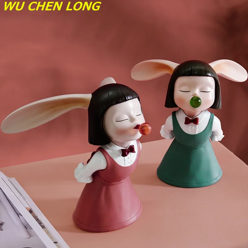 

WU CHEN LONG Nordic Luxury Rabbit Blow Bubbles Girl Art Sculpture Resin Modern Creative Crafts Figurines Decoracao Home R5751