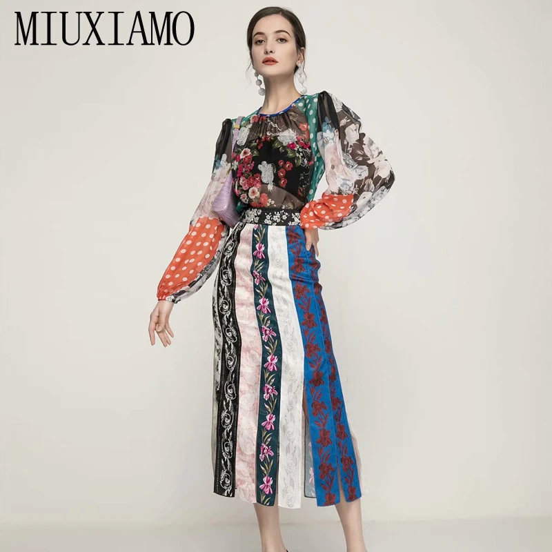 MIUXIMAO 2021 Summer Spring Designer New Suits Dot Flower Print Chiffon Shirt + Fringe Skirt Vintage Elegant 2 Piece Set Vestido